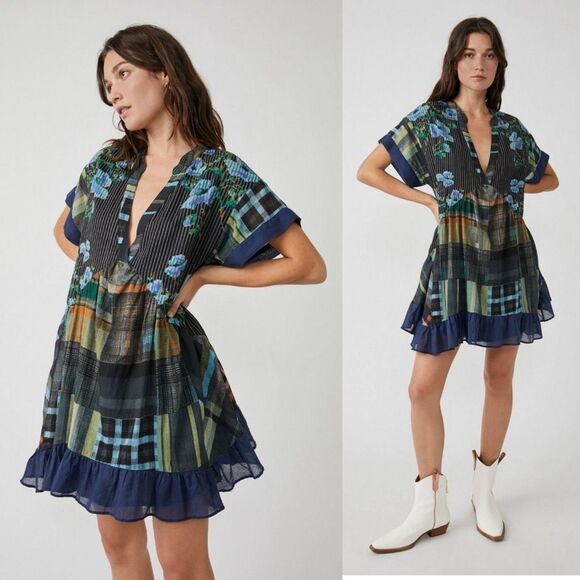Free People Printed Agnes Dress | Patchwork Floral Boho Mini | Navy Multi | Medi - Picture 2 of 13